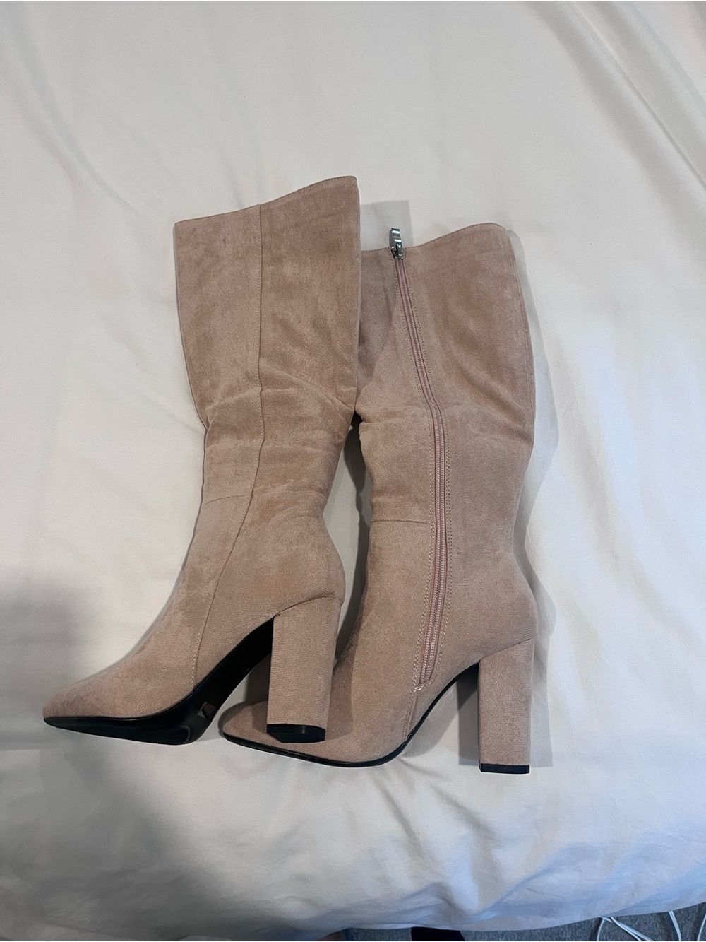 Women’s Taupe Suede Mid-Calf Block Heel Boots